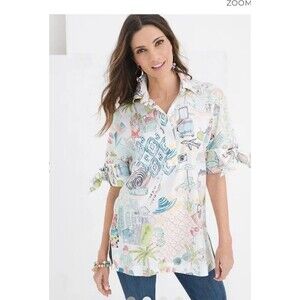 CHICO'S WHIMISICAL TRAVEL VACATION PRINT SHIRT TOP GROMMET TIE SLEEVES  Size 10